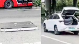 Gambiarra: bateria de Carro elétrico chinês cai no meio da rua; VEJA VÍDEO