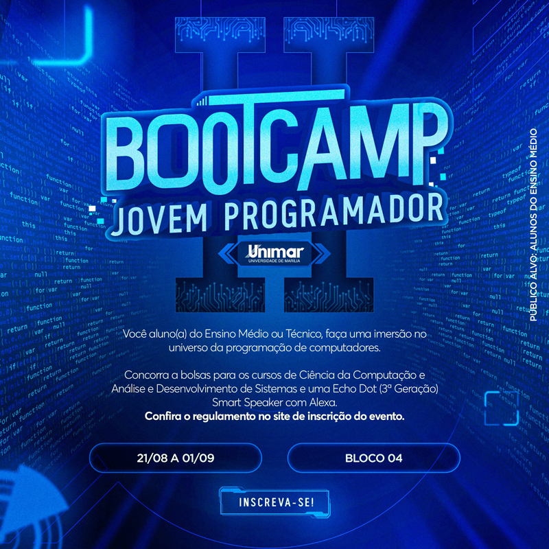 Bootcamp Jovem Programador: Unimar abre inscrições com 10 dias de aulas práticas gratuitas de programação. Premiações especiais e bolsas aos melhores. Confira prazo!
