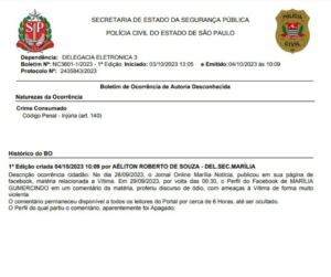 Ameaça: presidente da Câmara é atacado por falar a verdade do abandono de Marília e vai à polícia. Veja vídeo.