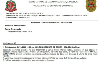 Ameaça: presidente da Câmara é atacado por falar a verdade do abandono de Marília e vai à polícia. Veja vídeo.
