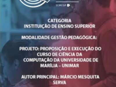 Curso de Ciência da Computação da Unimar é vencedor no principal prêmio de Inovação do Ensino Superior