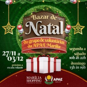 Bazar solidário de Natal em prol da APAE de Marília acontece a partir de segunda no Marília Shopping