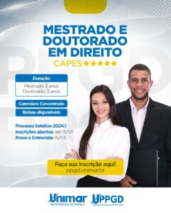 Inscrições abertas para o processo seletivo do  Mestrado e Doutorado em Direito na Unimar