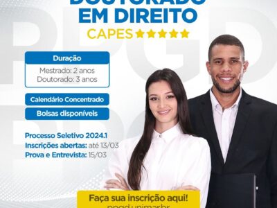 Inscrições abertas para o processo seletivo do  Mestrado e Doutorado em Direito na Unimar