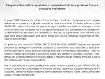 Atendendo ao Jornalismo  Ético e Pluralista da Revista D Marília, sobre matéria em nossa edição com repercussão Nacional, recebemos ontem e publicamos hoje a nota “Posicionamento Integral medica: Caso de Suspensão de Vendas    de Whey Protein”