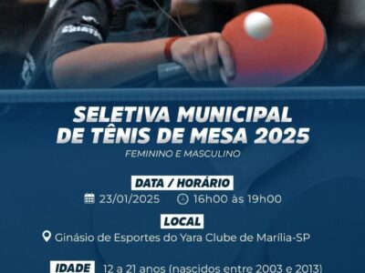 Secretaria de Esportes realiza hoje seletiva de tênis de mesa. Evento é gratuito para formação de equipe a partir das 16h00 no Yara