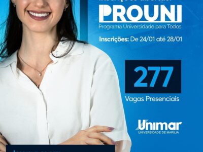 ProUni 2025 Unimar oferece mais de 1.200 bolsas de estudo. As inscrições seguem abertas até o dia 28 de janeiro. Veja aqui!