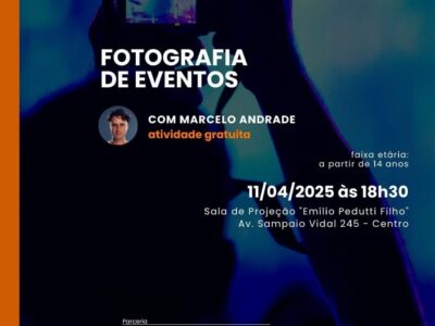 Fotografia de Eventos:Secretaria da Cultura abre inscrições para Oficina gratuita Pontos MIS, com Marcelo Andrade. Não perca oportunidade. Inscreva-se aqui. São 30 vagas