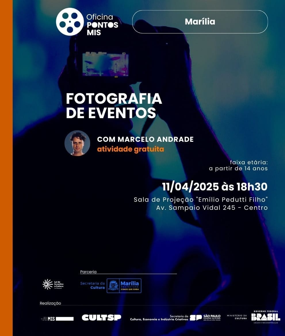 Fotografia de Eventos:Secretaria da Cultura abre inscrições para Oficina gratuita Pontos MIS, com Marcelo Andrade. Não perca oportunidade. Inscreva-se aqui. São 30 vagas