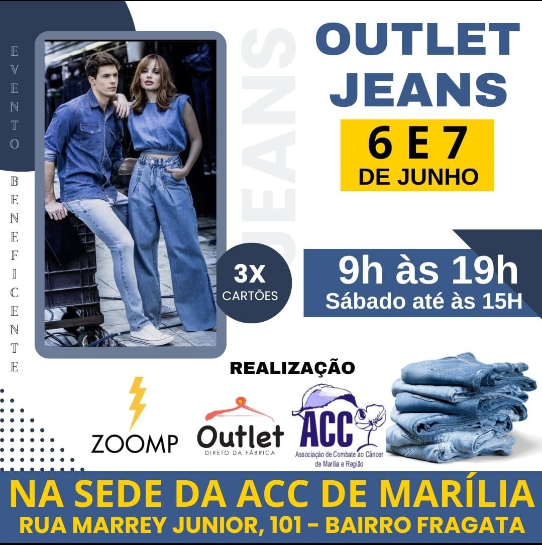 Vem aí a mais uma edição do famoso OUTLET JEANS beneficente em prol da AAC de Marília. Cerca de 1.500 peças com até 70% de desconto. Veja vídeo