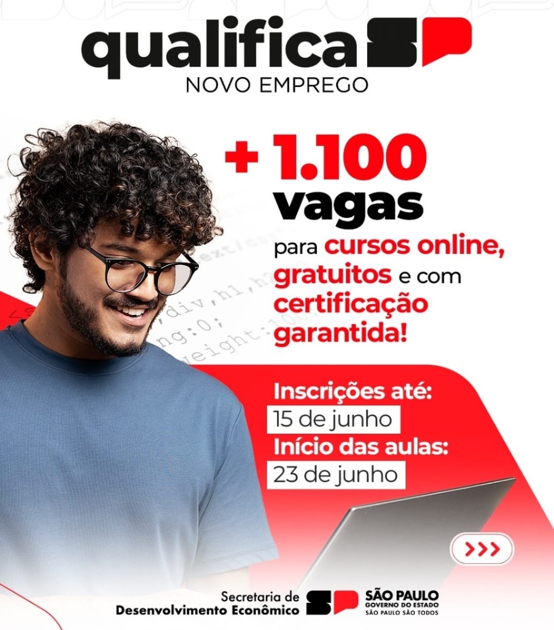 Inscrições de cursos de tecnologia do Qualifica SP vão até domingo (15). Candidatos devemter idade mínima de 16 anos. Faça sua inscrição aqui