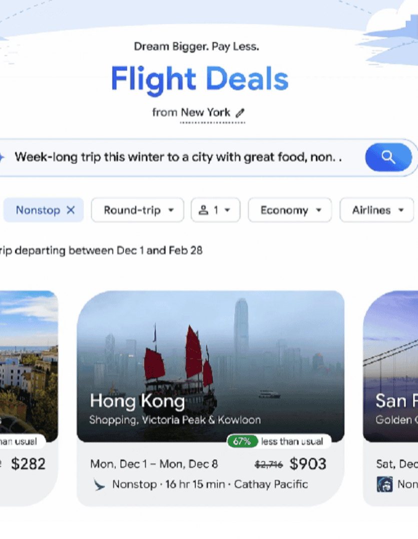 Nova IA do Google planeja viagens com voos em oferta