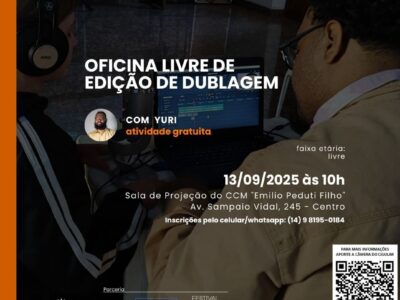 Cultura abre inscrições para Oficina Livre de Edição de Dublagem. Ação do Pontos MIS é gratuita. Confira dia e e se inscreva por aqui