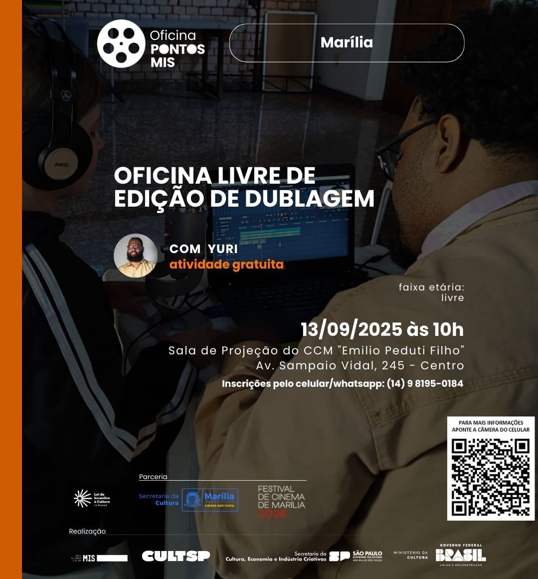 Cultura abre inscrições para Oficina Livre de Edição de Dublagem. Ação do Pontos MIS é gratuita. Confira dia e e se inscreva por aqui