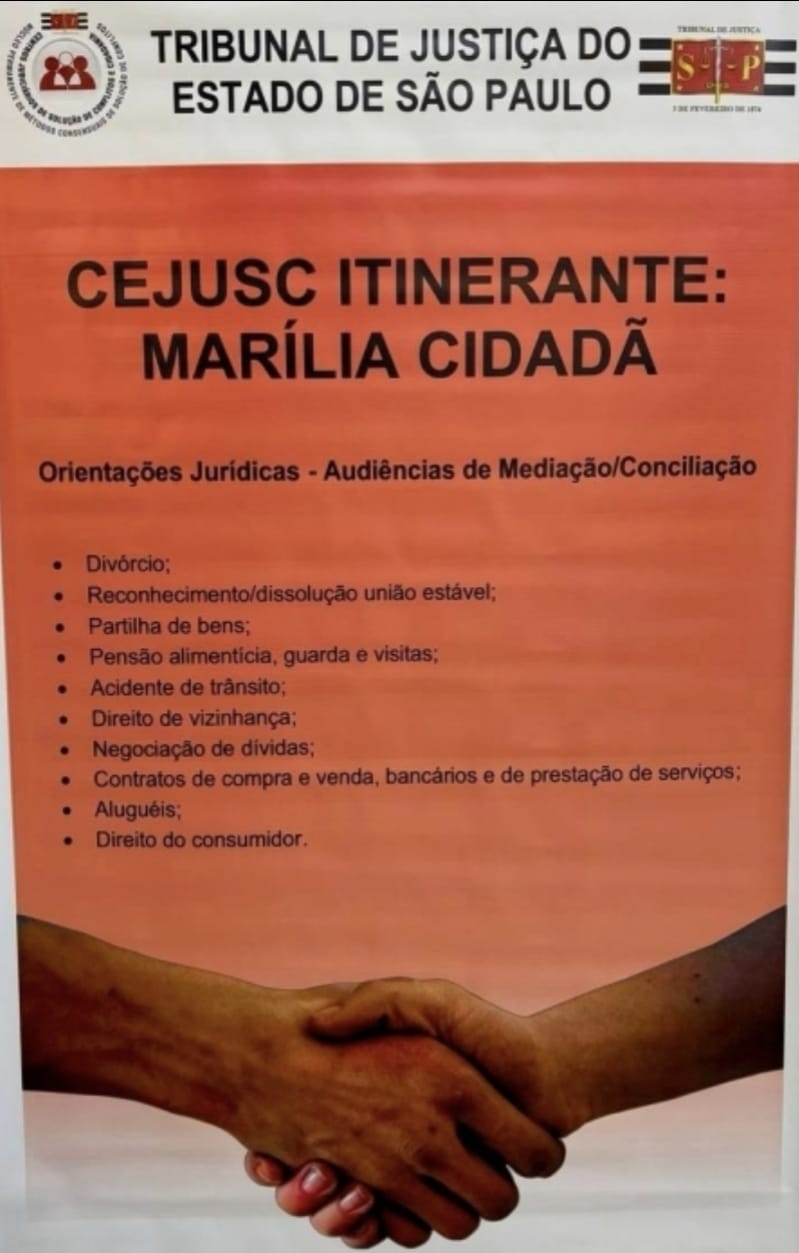 Cejusc Itinerante acontece dia 4 de outubro em Marília. Ação do TJSP trará serviços de cidadania e acesso gratuito à Justiça no centro da cidade em várias áreas de conciliação via atendimento gratuito. Confira benefícios!