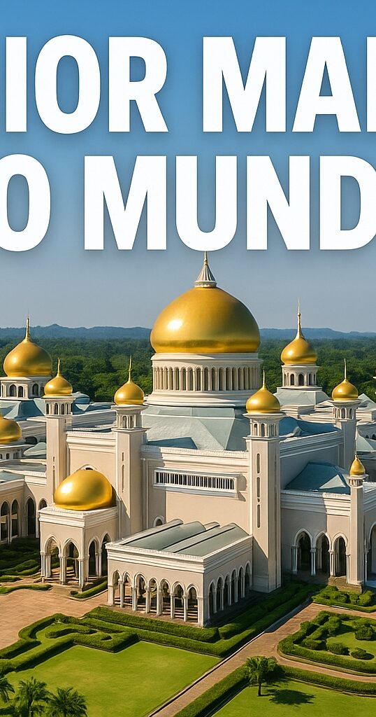 Com 200 mil m², 1.788 quartos, 257 banheiros, garagem para 110 veículos e salão para 5 mil pessoas, o palácio Istana Nurul Iman é a maior mansão do mundo e símbolo máximo do poder do sultão de Brunei