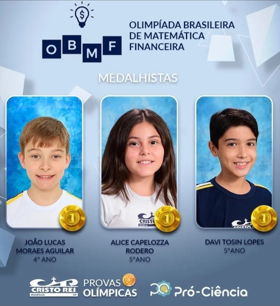 Alunos do Colégio Cristo Rei de Marília conquistam medalhas de ouro, prata, pronze e menção honrosa na Olimpíada Brasileira de Matemática Financeira (OBMF). Conheça os ganhadores