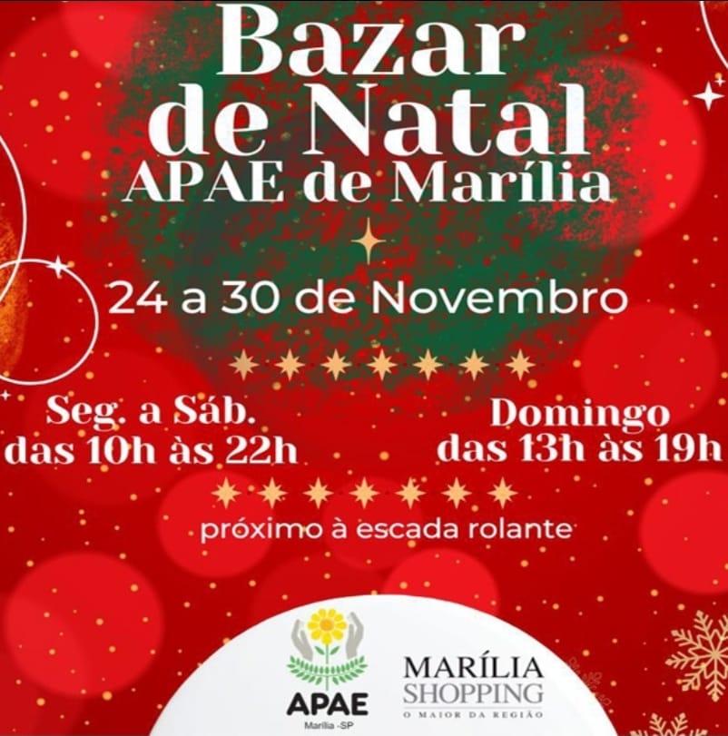 APAE Marília realiza Bazar de Natal no Marília Shopping até o dia 30 deste mês. Confira no local uma grande variedade e lindos produtos artesanais para você ou presentear