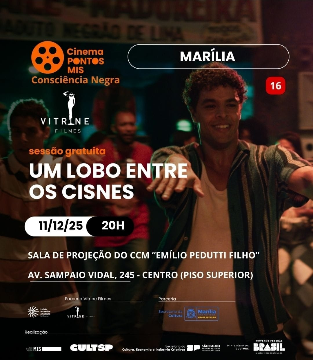 Cinema Pontos MIS apresenta em Marília hoje: UM LOBO ENTRE OS CISNES. Um drama biográfico poderoso sobre talento, disciplina e superação do maior bailarino brasileiro que rompeu paradigmas
