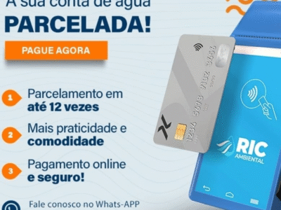 RIC Ambiental facilita o pagamento da conta de água com cartão de crédito e parcelamento em até 12 vezes. Mais praticidade, segurança e comodidade a você, cliente. Confira!