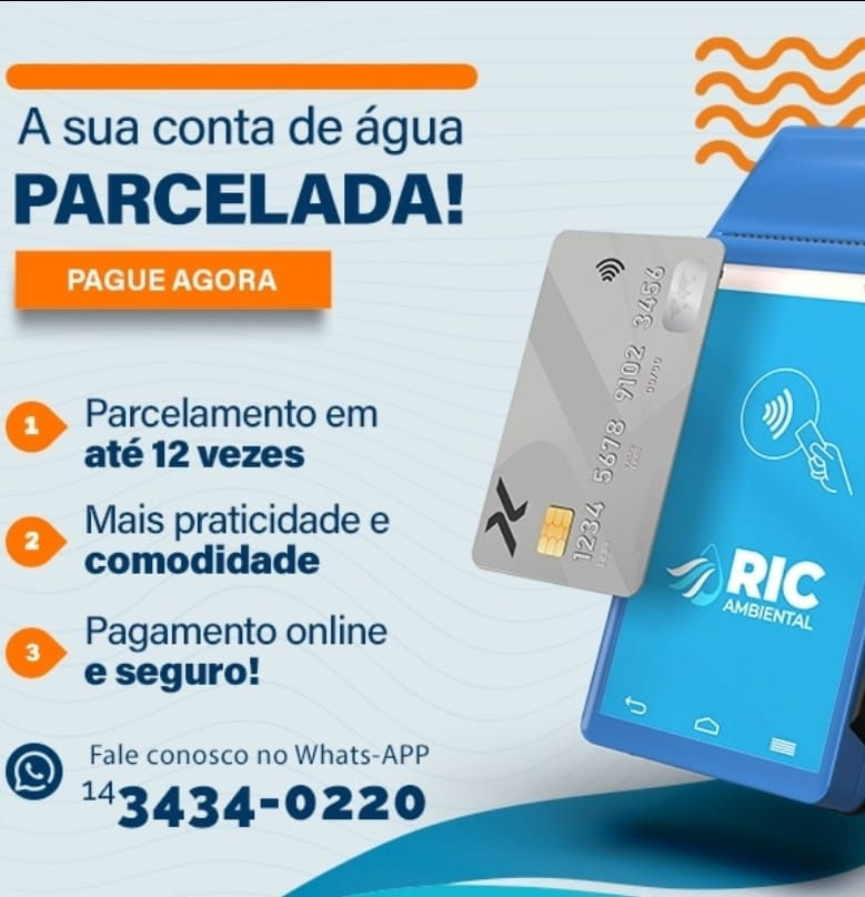 RIC Ambiental facilita o pagamento da conta de água com cartão de crédito e parcelamento em até 12 vezes. Mais praticidade, segurança e comodidade a você, cliente. Confira!