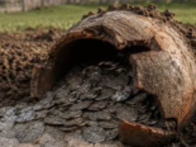 Mulher caminhando em campo quando encontrou mais de 2 mil moedas antigas enterradas