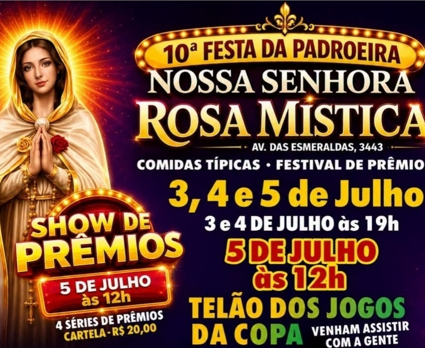 No momento, você está visualizando 10ª Festa da Padroeira Nossa Senhora Rosa Mística acontece de sexta a domingo agora com festival de prêmios. Confira vídeo!
