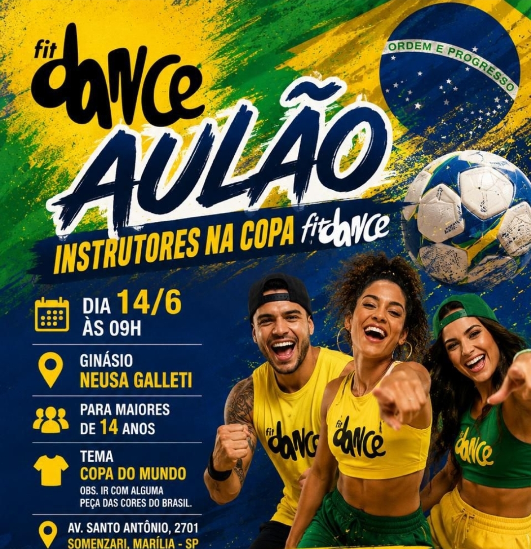 No momento, você está visualizando Aulão da escola Fit Dance Marília acontece neste domingo. Evento solidário será no ginásio de esporte com tema da Copa do Mundo. E solidário. Participe