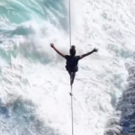 CORAGEM: Vídeo mostra imagens impressionantes de atleta praticando Slackline sobre mar agitado; VEJA VÍDEO
