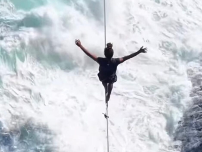 CORAGEM: Vídeo mostra imagens impressionantes de atleta praticando Slackline sobre mar agitado; VEJA VÍDEO