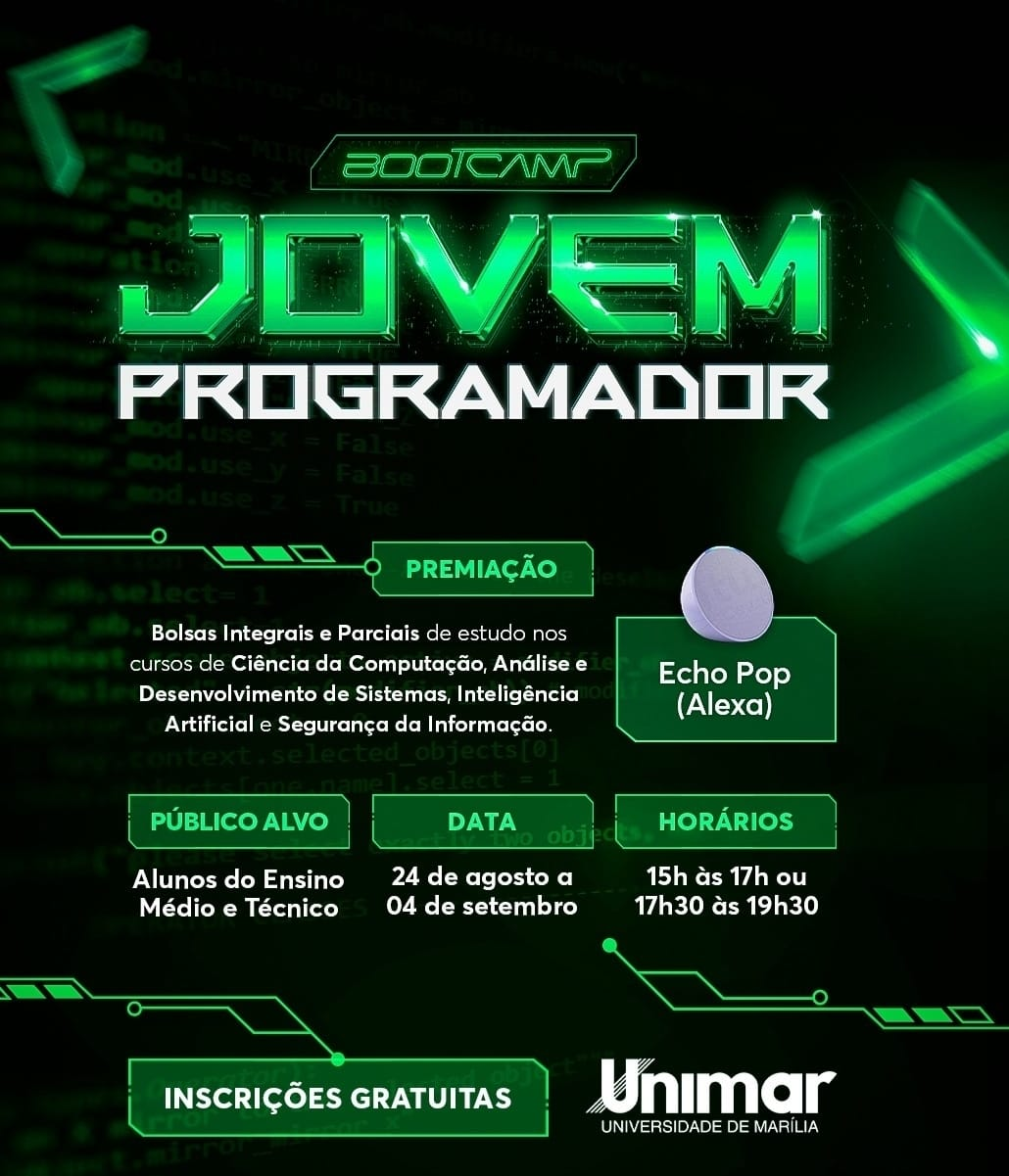 No momento, você está visualizando Bootcamp: Unimar oferece oportunidade gratuita para jovens concorrerem a bolsas de estudo na área de Tecnologia. Confira prazo e se inscreva por aqui