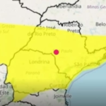 Marília, no ponto vermelho do mapa, corre risco de tempestade e ventos fortes hoje, quarta-feira, segundo o Instituto Nacional de Meteorologia. Veja o alerta e recomendações