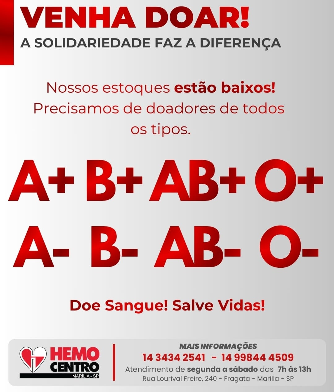 No momento, você está visualizando Estoque crítico de sangue: Hemocentro de Marília pede apoio da população com a adesão de doadores. A situação é grave para os vários tipos. Veja